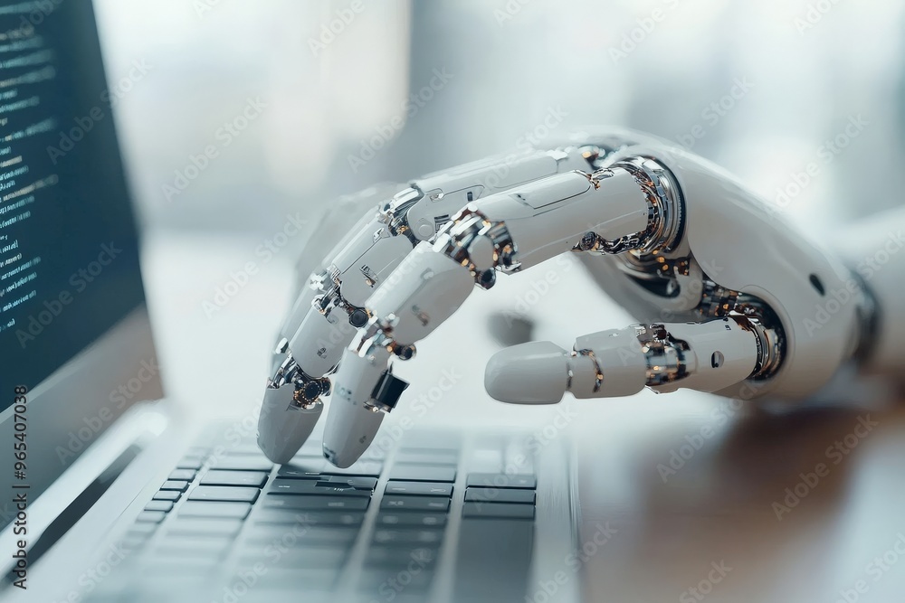 Poster a robotic hand typing on a keyboard symbolizes the advancement of technology and artificial intellig