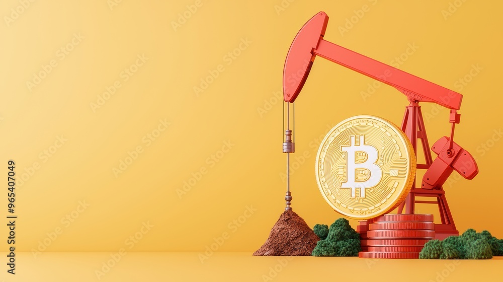 Poster futuristic integration of blockchain technology and oil extraction process in with copy space, selec