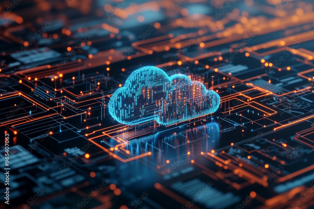 Poster this image depicts a glowing blue cloud symbol representing cloud computing, surrounded by a high-te