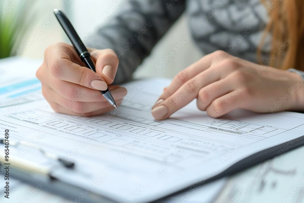 Poster close-up shot of a person sitting at a desk filling out a survey form with a pen. The focus is on the hands of the person as they carefully select options and check boxes on the paper form.