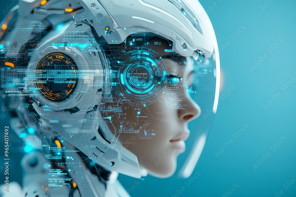 Poster a close-up view of a futuristic robot equipped with an intricate digital interface display, showcasi