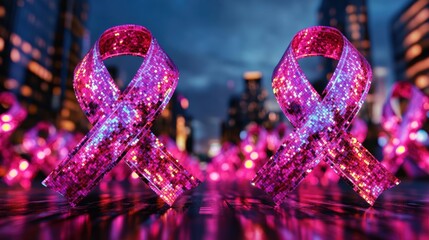 A pair of sparkling pink awareness ribbons, set against a brightly illuminated cityscape at night, symbolizing breast cancer awareness and support.