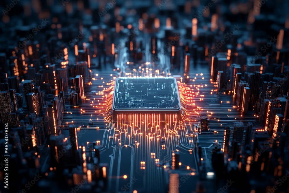 Poster a detailed close-up of a microchip circuit board, showcasing the intricate design and connections th