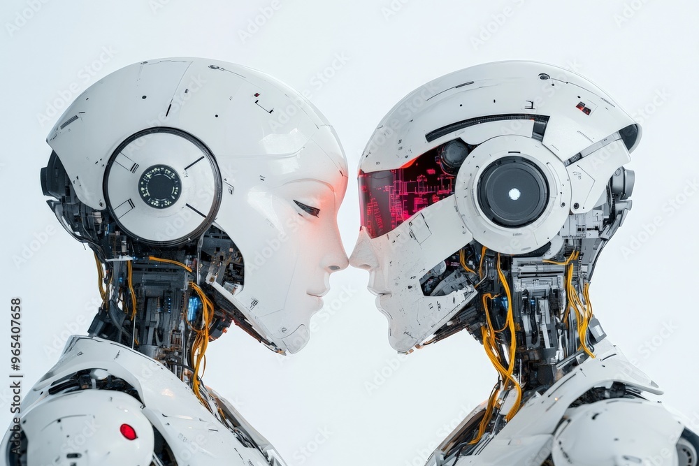Poster detailed image of two futuristic robots facing each other, showcasing advanced mechanical designs an