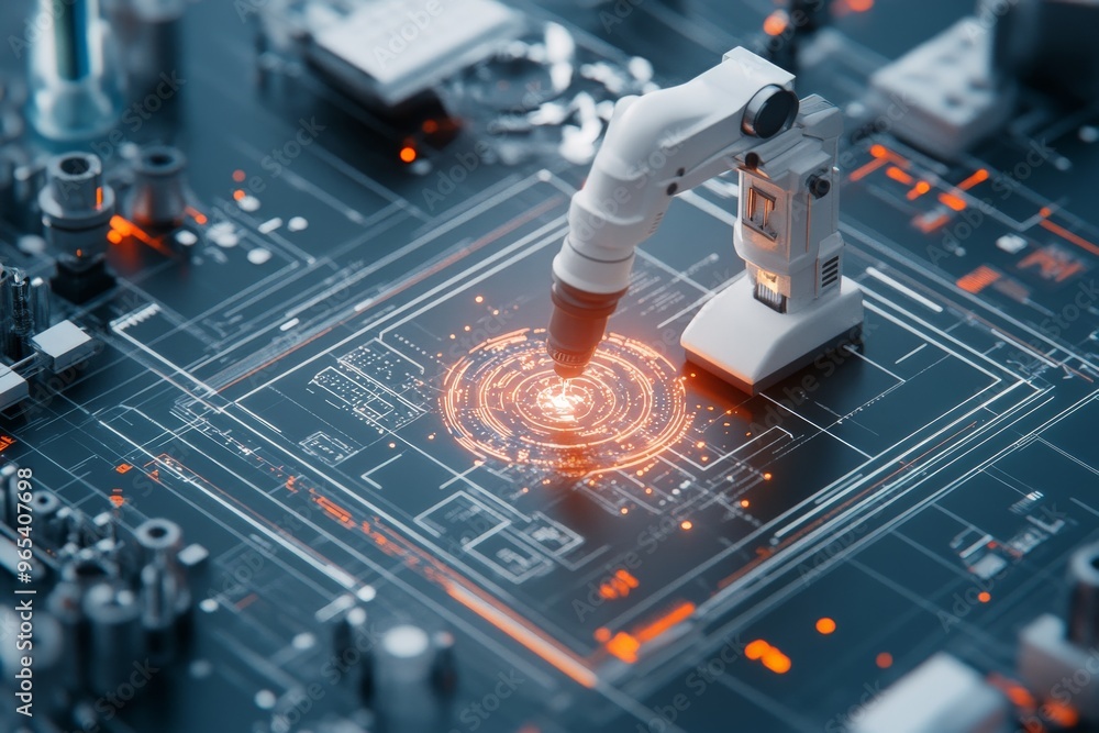 Poster a high-tech scene featuring a robotic arm intricately working on technologically advanced components