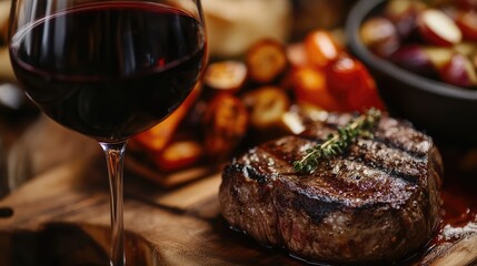 A close-up shot of a glass of red wine next to a perfectly seared steak, with a side of roasted vegetables, all arranged elegantly on a wooden table