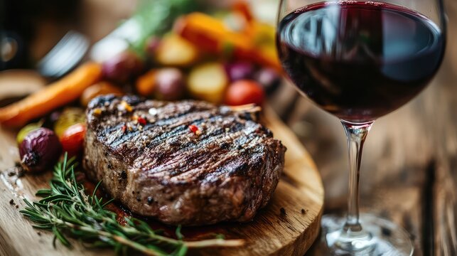 A close-up shot of a glass of red wine next to a perfectly seared steak, with a side of roasted vegetables, all arranged elegantly on a wooden table - Powered by Adobe