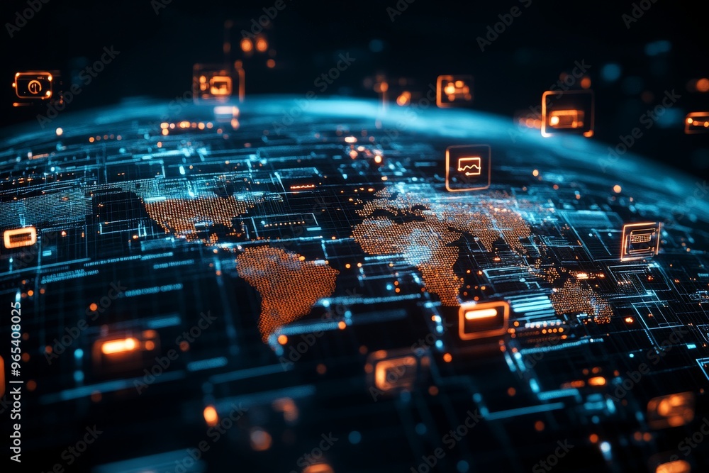 Poster a high-tech digital world map with bright nodes and lines representing global connections and networ