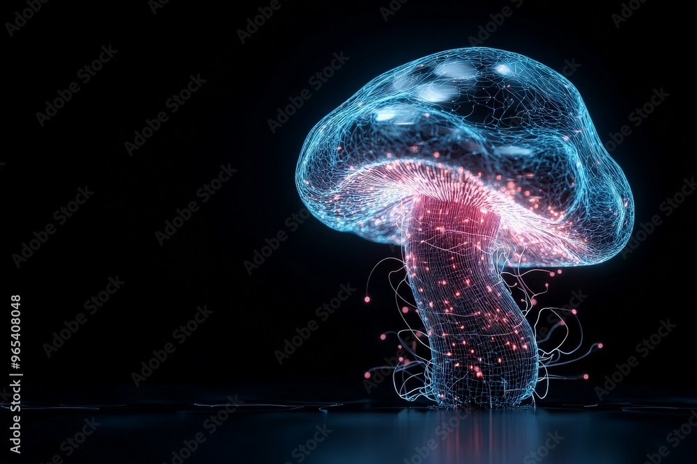Aufkleber a digital and glowing mushroom stands out against a dark background, symbolizing the fusion of natur