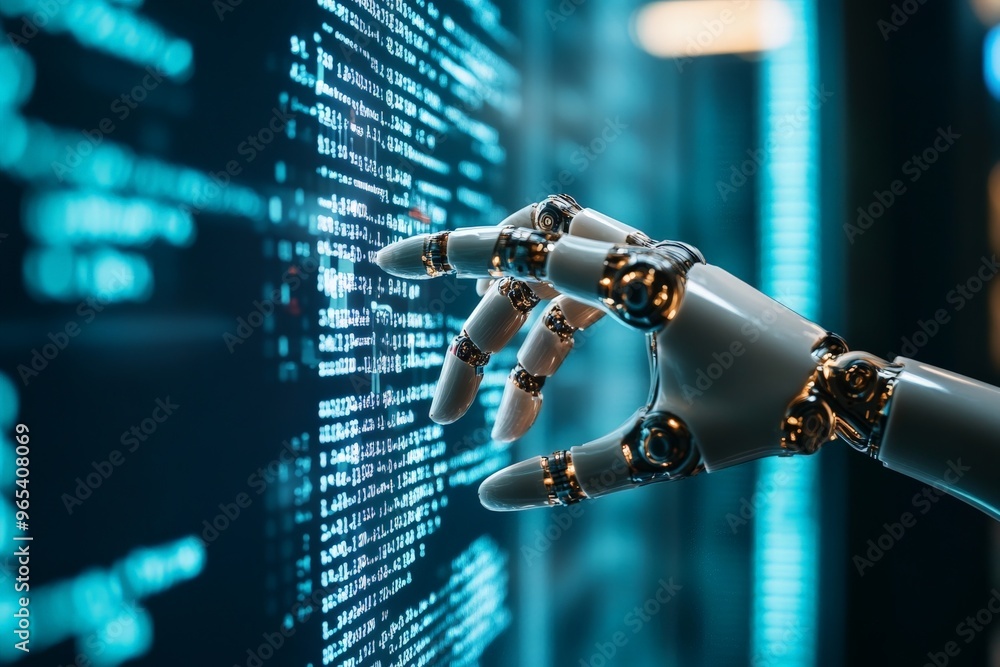 Poster an advanced robotic hand interacting with digital code on a virtual screen, illustrating the integra