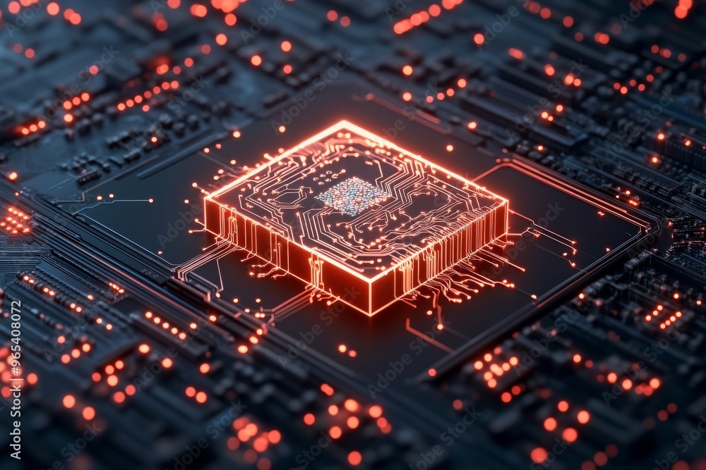 Poster an intricate image showcasing a high-tech microchip glowing brightly on a detailed circuit board, si
