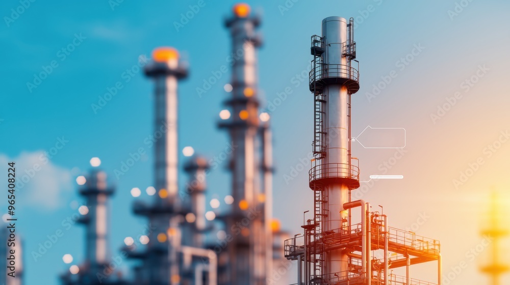 Poster futuristic ai control of oil refinery operations - with copy space and selective focus in