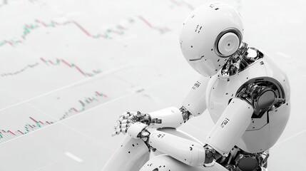 Monochrome robot analyzing a minimalistic stock chart on a clean background, AI trading bot, simple finance technology