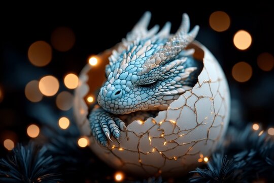A cute dragon is seen hatching from its egg amidst a setting of festive lights, blending fantasy with wonder and magical realism, making for an enchanting and whimsical visual experience.