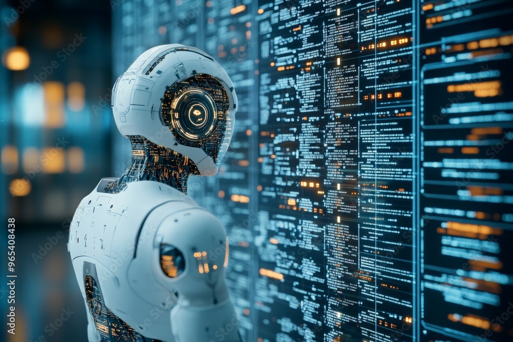 Poster this high-tech image features a humanoid robot with visible illuminated circuits against a backdrop 