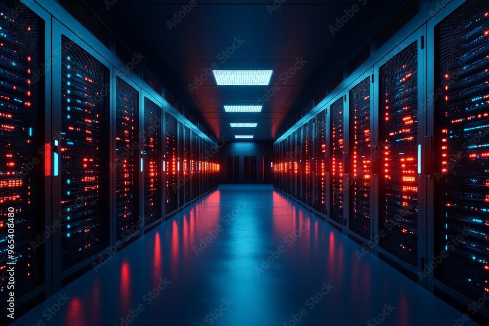 Poster an advanced data center featuring rows of server racks with blue and red lighting, symbolizing the b