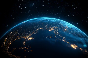 Fototapeta premium This image depicts the Earth seen from space, illuminated by glowing city lights against a dark backdrop, with countless stars scattered across the sky, symbolizing connection and wonder.