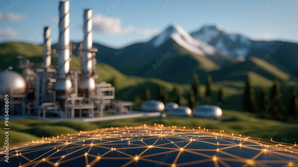 Poster futuristic digital energy network enhancing oil fields - with copy space and selective focus in