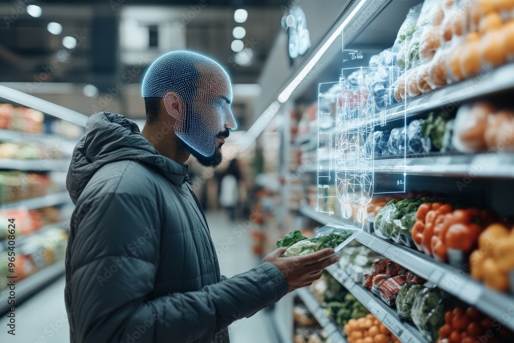 Poster a person interacts with advanced technology while shopping for vegetables in a grocery store, highli