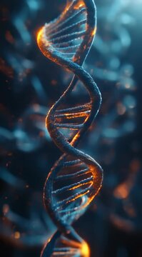 A glowing DNA strand with a blue background. The DNA is lit up with a golden glow. Concept of wonder and fascination with the complexity of life and the beauty of the natural world