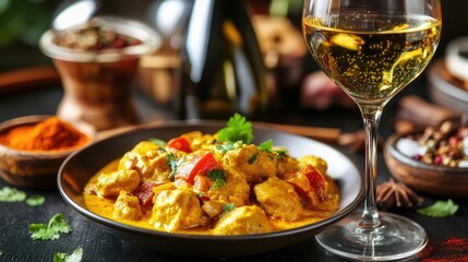 A plate of spicy curry paired with a glass of sweet riesling, set on a table with colorful spices scattered around