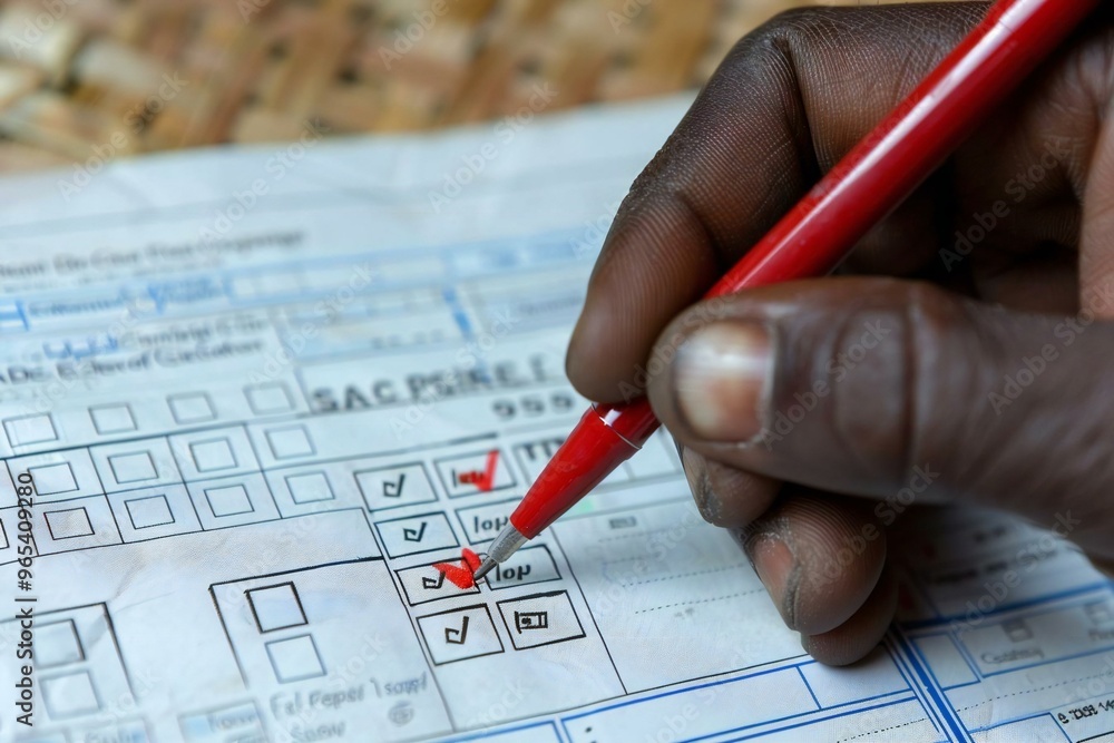 Poster close-up photo of an african hand with a red pen marking a check box on a form.