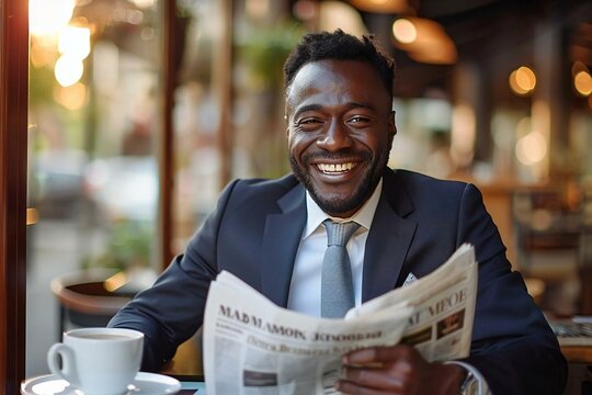 portrait of a happy African American businessman enjoying his morning routine of reading the newspaper and drinking coffee.