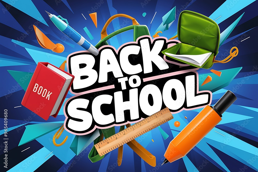Fototapete back to text effect with school suplies. welcome back to school. hand drawn lettering colored vector