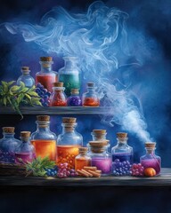 Colorful magical potions in glass bottles with smoke and herbal elements.