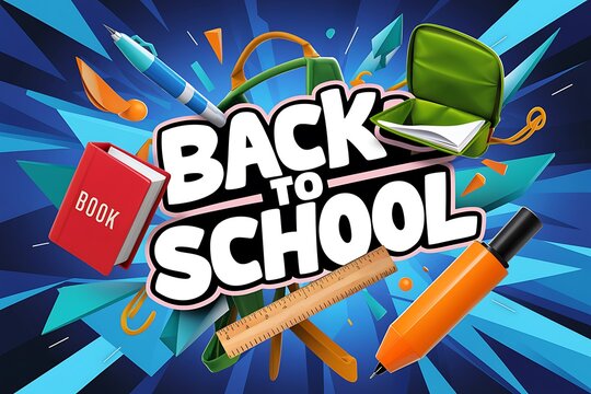 Back to text effect with school suplies. Welcome back to school. Hand drawn lettering colored vector illustration. Isolated on colorful background.
