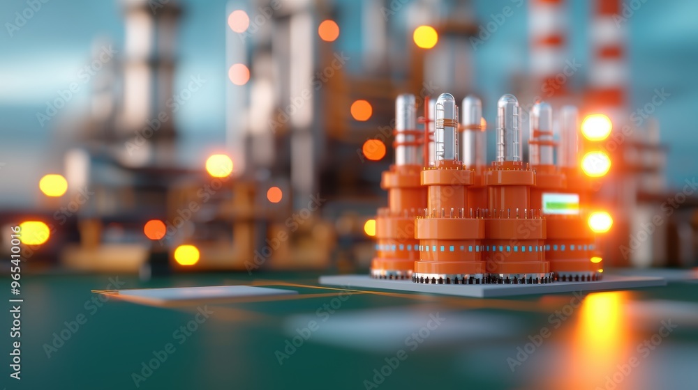 Poster futuristic virtual oil marketplace trading interface in with copy space and selective focus on foreg