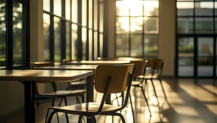 Empty chairs and a table in a cafe, bathed in the warm light of the sun streaming through large windows.