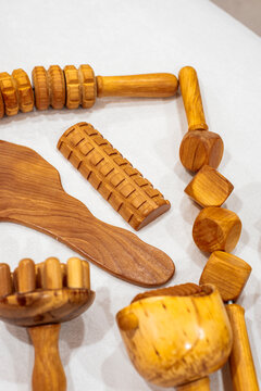 Detailed display of wooden massage therapy implements