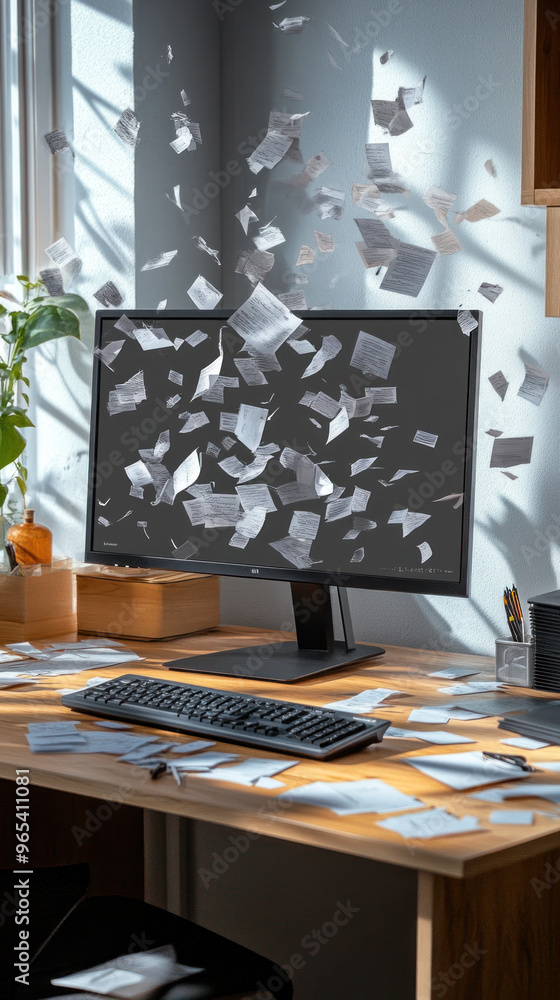 Poster a computer monitor is covered in paper, with the screen displaying a message that says 