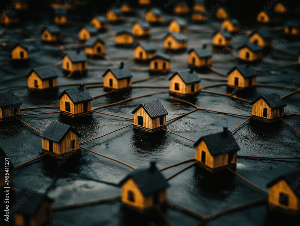 Poster a group of small houses are floating in a body of water. the houses are connected by a network of wi