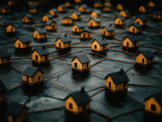 A group of small houses are floating in a body of water. The houses are connected by a network of wires, creating a sense of community and togetherness. The scene evokes a feeling of warmth