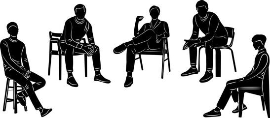 silhouette of men sitting in a circle on chairs vector