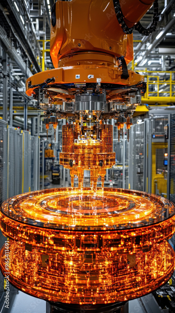 Poster a large orange object with many small orange objects inside of it. the object is surrounded by a yel