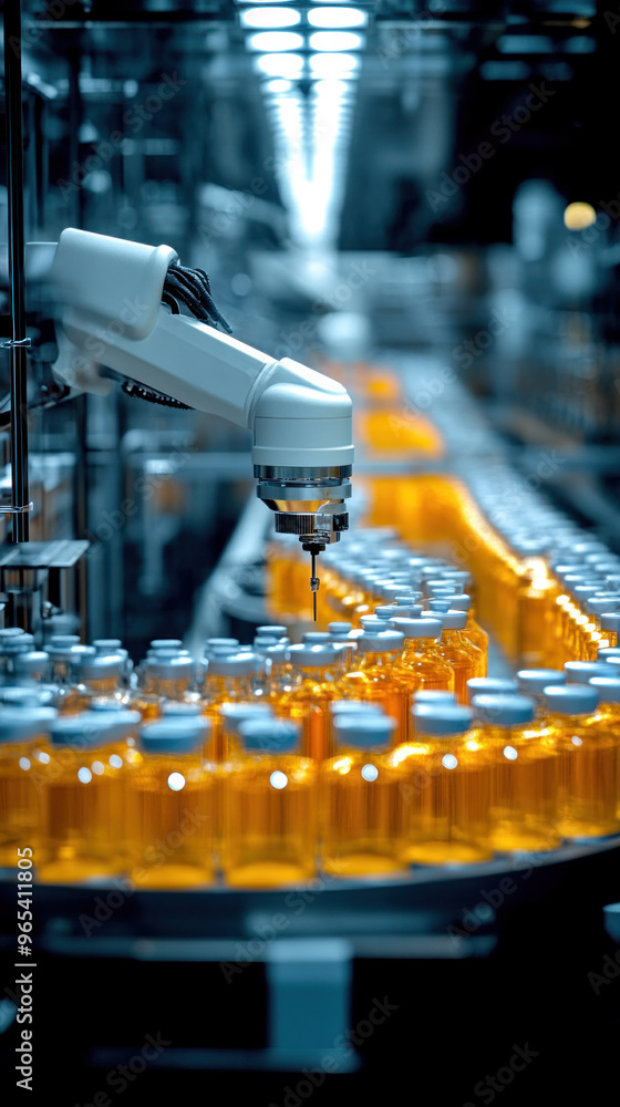 Poster A robot is working in a factory, filling bottles with a liquid. The bottles are lined up in a row, and the robot is positioned in the middle of the line. Concept of efficiency and precision