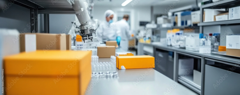 Poster a lab with a robot and two people working. the robot is in the middle of the room and is surrounded 