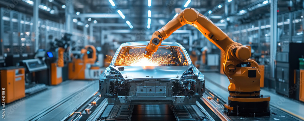 Poster a robot is working on a car in a factory. the robot is orange and has a long arm