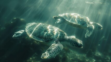 Fototapeta premium Two sea turtles glide effortlessly through clear, sunlit waters, surrounded by a rich underwater world during a peaceful afternoon
