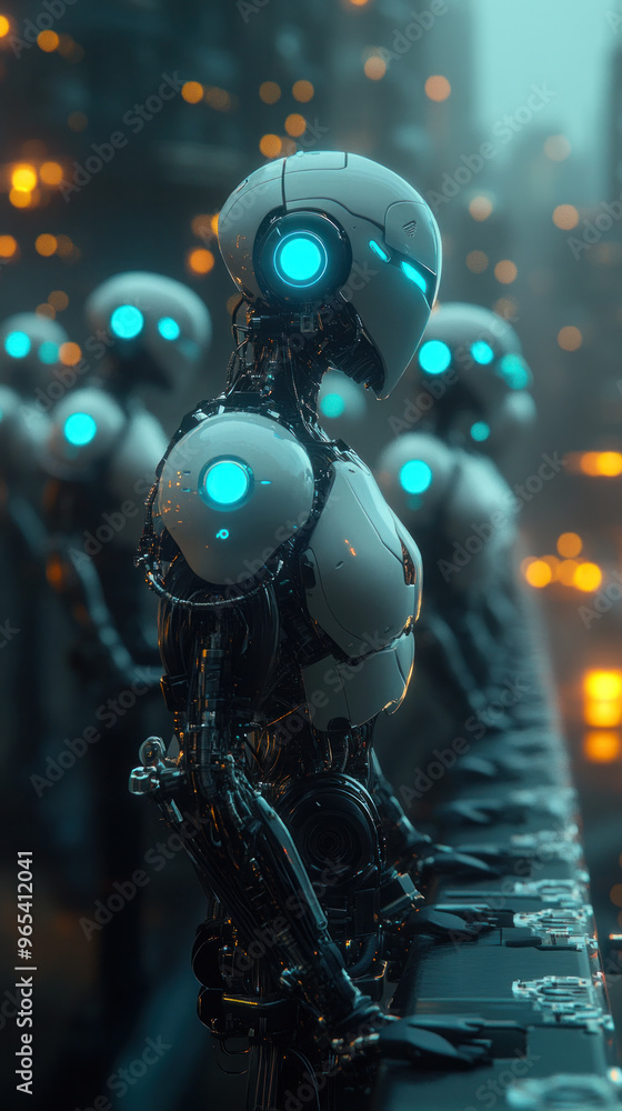 Poster a group of robots are standing on a ledge, with one of them looking down at the ground. the robots a
