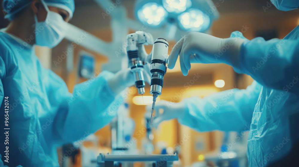 Poster two surgeons are operating on a patient with a robot. the robot is holding a drill and the surgeons 