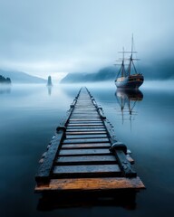 Mysterious fog envelops a calm lake with a ship near a distant lighthouse.