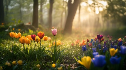 Colorful tulips and wildflowers blooming in a serene morning forest