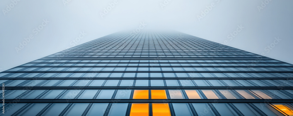 Poster a tall building with a window that is lit up in orange. the building is surrounded by a cloudy sky
