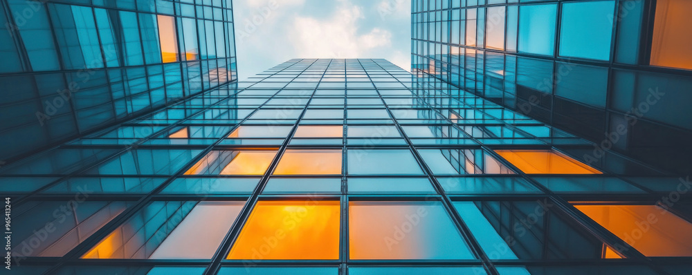 Poster a tall building with many windows and a bright orange sky in the background. the windows are reflect