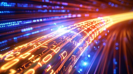 59. Detailed depiction of fiber optic cables transmitting data, with bright light streaks and binary code overlay