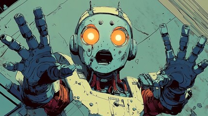 A surprised robot raising hands in a futuristic setting with glowing eyes
